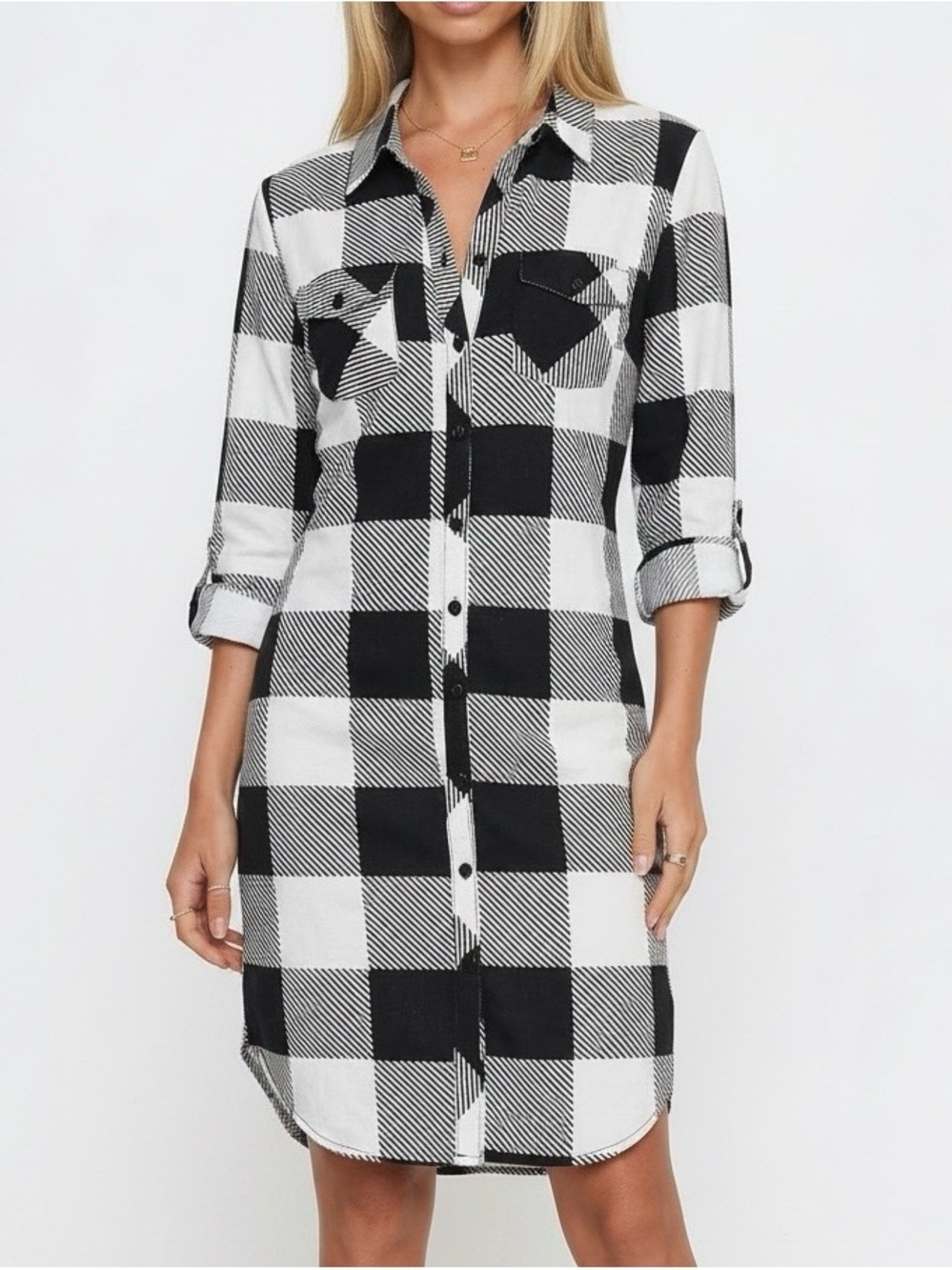 White Mark Black & White Buffalo Check Midi Shirt Dress